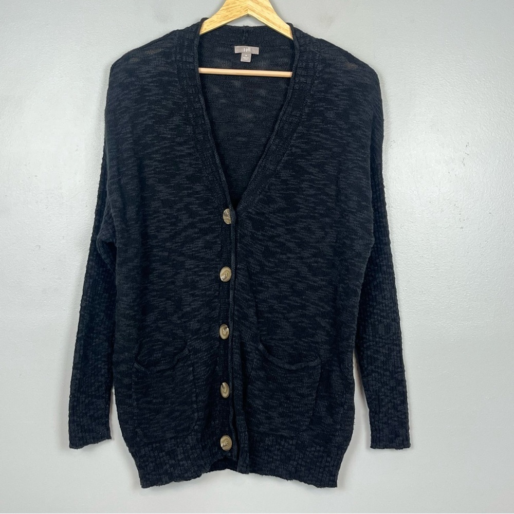 J.Jill black gray cotton blend space knit ribbed sleeve cardigan, medium.